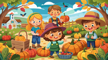 Kids picking pumpkins on Halloween pumpkin patch. AI generated. Vector iconのイラスト素材