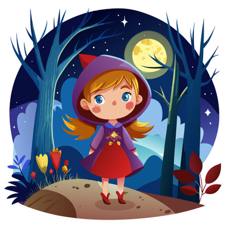 Little red riding hood in the dark woods at night. AI generated. Vector iconのイラスト素材