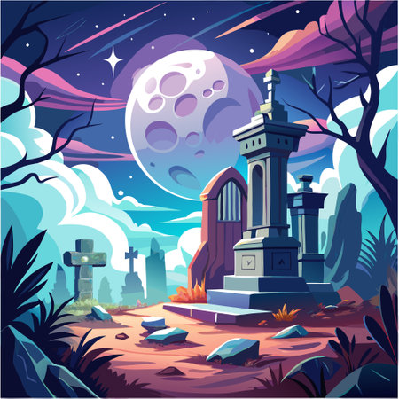 Mystical ancient graveyard under cloudy sky with super moon. AI generated. Vector iconのイラスト素材