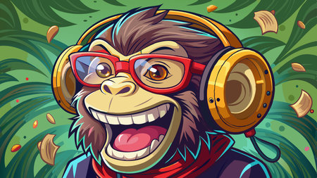 Monkey Laughing Wearing Eyeglasses and Headphones. AI generated. Vector icon