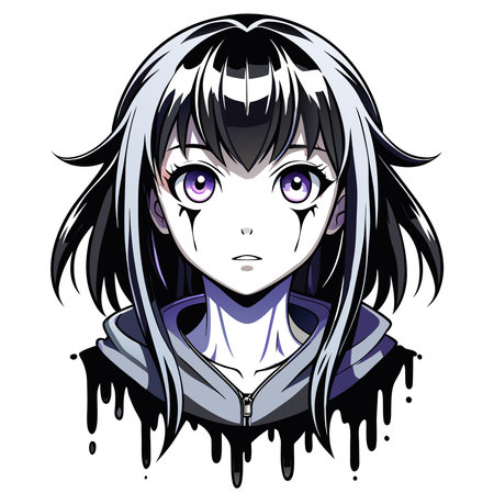 Manga eyes looking with paint dripping from her face. Drawing of black and white anime girl peeps...