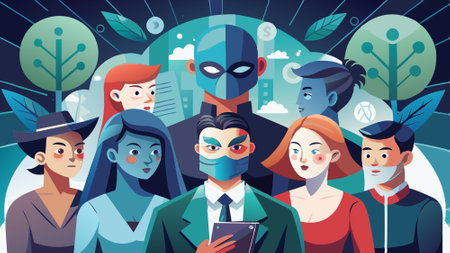 Masked group evokes intrigue on identity and secrecy; thought-provoking image. AI generated. Vector iconのイラスト素材