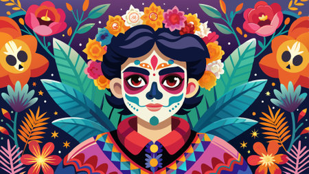 Mexican man with day of the dead makeup, flowers and skull, mexico holiday. AI generated. Vector iconのイラスト素材