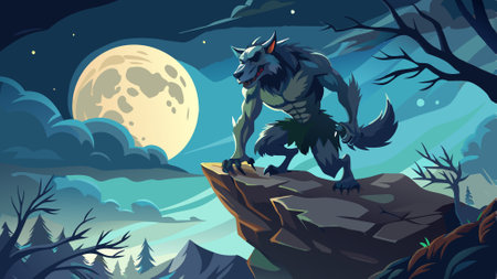Monster werewolf on top of a cliff on background of moon at night. illustration. AI generated. Vector iconのイラスト素材