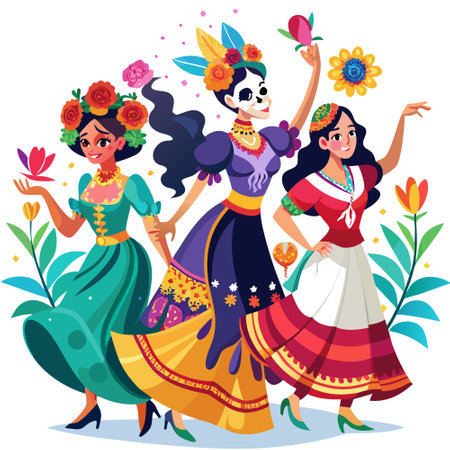 National dances of women for the Day of the Dead in Mexico. AI generated. Vector iconのイラスト素材