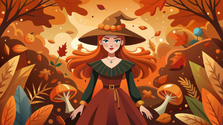 Mysterious autumn woman in brown dress, mushrooms, halloween witch, . AI generated. Vector iconのイラスト素材