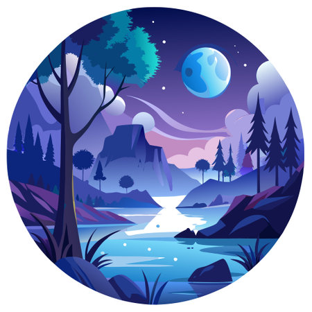 Night mystical scenery. Full moon over the foggy river and its reflection in the still water.. AI generated. Vector iconのイラスト素材