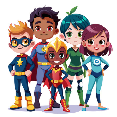 Multiethnic children superheroes on a white background. ..AI generated. Vector iconのイラスト素材