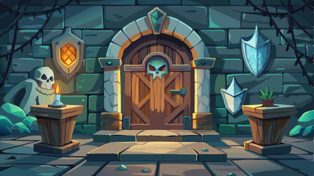 Mystical medieval room with wooden door skull and stone wall Perfect for Halloween Space for text with copyspace for text. AI generated. Vector iconのイラスト素材