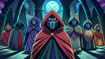 Nine mysterious figures in hooded cloaks in darkness With copyspace for text. AI generated. Vector iconのイラスト素材