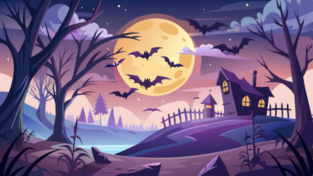 Moody night scene with flying bats on sky and moon background. AI generated. Vector iconのイラスト素材