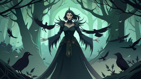 Mysterious woman in black gothic dress in the mist surrounded by ravens. ..AI generated. Vector iconのイラスト素材