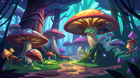 Mushroom. Close-up of mystical lighting mushrooms in a forested fantasy setting. AI generated. Vector iconのイラスト素材