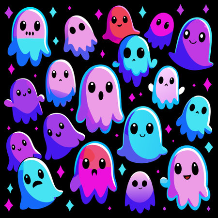 Many simple cute cartoon ghosts in pink and blue glowing neon colors on a black background in the style of pastel goth. AI generated. Vector iconのイラスト素材