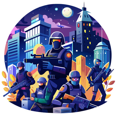 Night Raid. Urban Special Forces Strike in Covert Counter-Terror Operation Ai. AI generated. Vector iconのイラスト素材