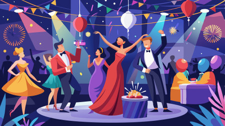 New year's eve party - dancing - partying - confetti - party favors - formal dress - sequins - tuxedo - ball gowns - fireworks - champagne. AI generated. Vector iconのイラスト素材