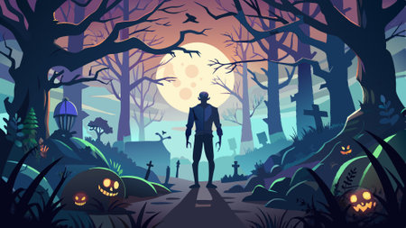 Man's silhoutee in scary forest dark horror landscape halloween background. AI generated. Vector iconのイラスト素材