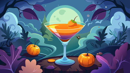 Mysterious orange Halloween cocktail in a martini glass in a mystical fog in the background.. AI generated. Vector iconのイラスト素材