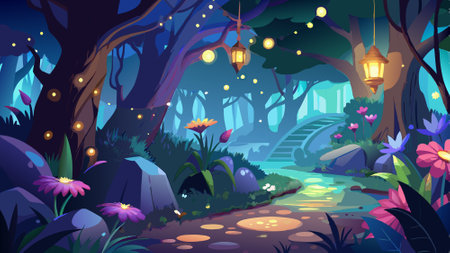 Magic forest at night, glowing flowers and lights, . AI generated. Vector iconのイラスト素材