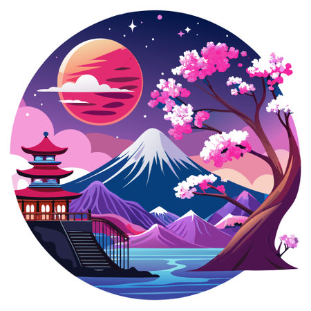 Mount Fuji and cherry blossoms which are viewed from Japan landscape purple and pink sky, some stars and the full moon, tres blossom. technology. AI generated. Vector iconのイラスト素材