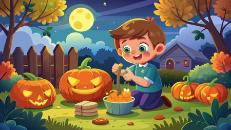 Little boy carving halloween pumpkin in garden. AI generated. Vector iconのイラスト素材