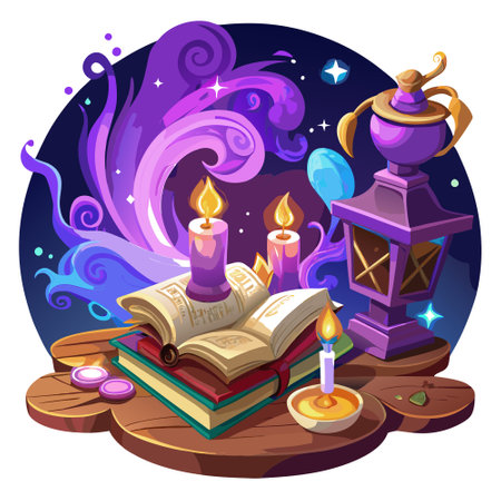 Magic opened old book on the desk with candles and purple smoke. . AI generated. Vector iconのイラスト素材