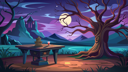 Old wood table and silhouette dead tree at night for Halloween background.. AI generated. Vector iconのイラスト素材