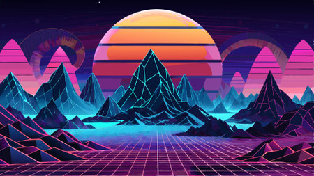 Paesaggio in stile synthwave anni '80 con montagne e pianeti. AI generated. Vector iconのイラスト素材