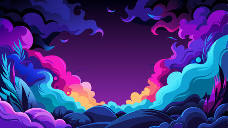 On a black backdrop, colorful smoke or fog creates a border with shades of blue and purple, evoking a mysterious and enchanting atmosphere. AI generated. Vector iconのイラスト素材
