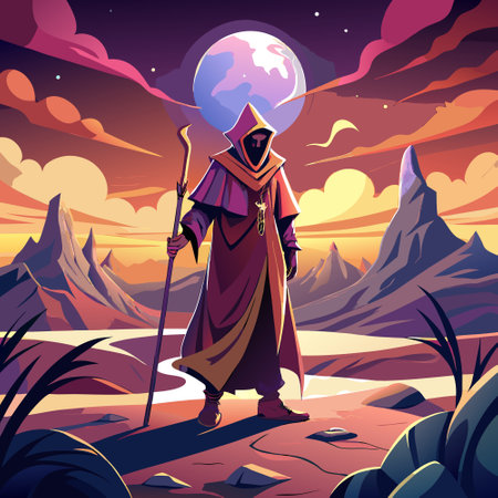 Person in robe with cane in misty desert against dark sky. AI generated. Vector iconのイラスト素材