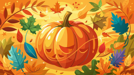 Pumpkin abstract background with leaves. Orange autumn thanksgiving and halloween illustration. ..AI generated. Vector iconのイラスト素材