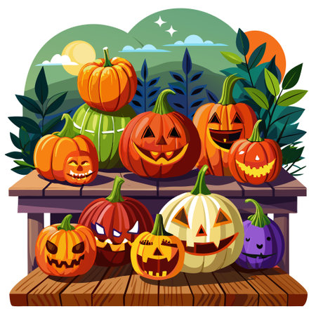 Painted and decorated colorful Halloween pumpkins on a wooden table outside. AI generated. Vector iconのイラスト素材