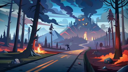 Raster illustration of a road in the forest after a fire under clouds of smoke. Big fog with puffs...