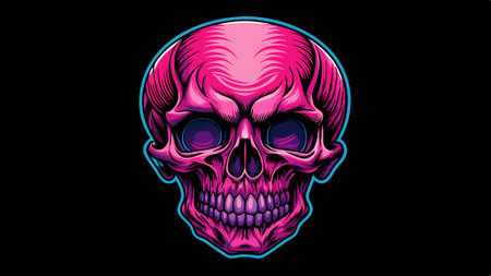 Pink neon human skull in woodcut style. Vector engraving sketch illustration for tattoo and print design. AI generated. Vector iconのイラスト素材