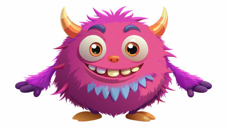 Pink fluffy cartoon character monster isolated on white background. Monster with horns, funny mascot. 3d render illustration imitation.. AI generated. Vector iconのイラスト素材
