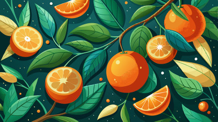 Oranges and green leaves on dark green background. AI generated. Vector iconのイラスト素材