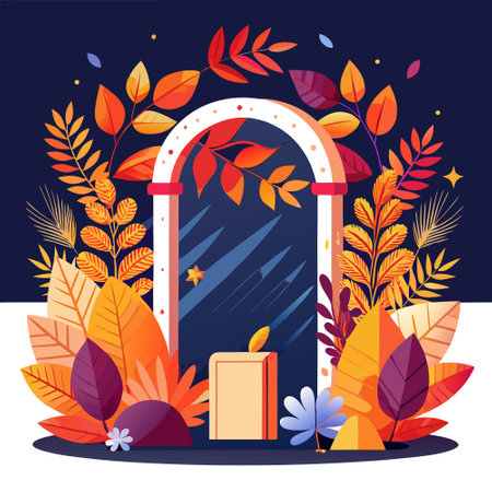 Rectangular arch, frame of branches and leaves autumn theme on a dark background, presentation of a new product, stage. AI generated. Vector iconのイラスト素材