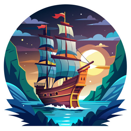 Pirates ship in open sea, night scene with reflection , created using AI tools. AI generated. Vector iconのイラスト素材
