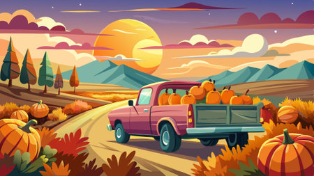 Pickup truck with a trunk full of pumpkins against the backdrop of the setting sun. AI generated. Vector iconのイラスト素材
