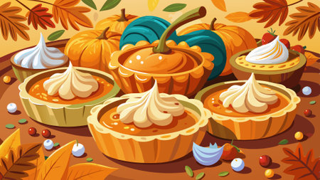 Pumpkin pies with cream and spices baked in a mini muffin tin with copyspace for text. AI generated. Vector iconのイラスト素材