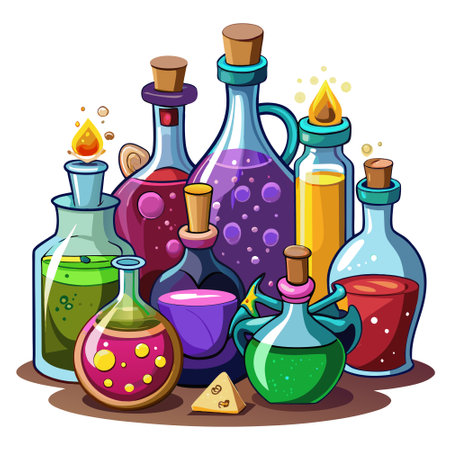 Potion bottles with colorful liquids, each with mysterious effects, Halloween potions, alchemy, magic elixir, enchanted brews. AI generated. Vector iconのイラスト素材