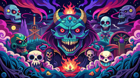 Psychedelic dark halloween monsters skulls art. AI generated. Vector iconのイラスト素材