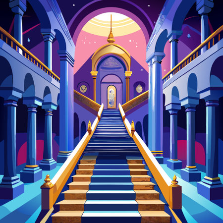 Royal palace hallway. Ai. With stairs at night. AI generated. Vector iconのイラスト素材