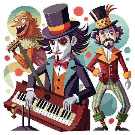 Rock and roll musician in steampunk joker style plays piano, scary clown performs composition. Created in AI.. AI generated. Vector iconのイラスト素材