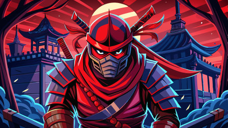 Red samurai ninja, deadly warrior in the shadows, terrifying assassin. AI generated. Vector iconのイラスト素材