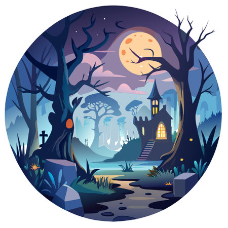 Realistic haunted spooky forest, creepy landscape at night. Fantasy Halloween forest background. Surreal mysterious atmospheric woods design backdrop. 3D illustration.. AI generated. Vector iconのイラスト素材