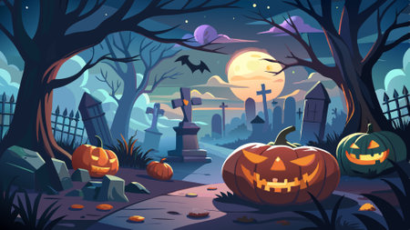 Pumpkins In Graveyard In The Spooky Night. AI generated. Vector iconのイラスト素材