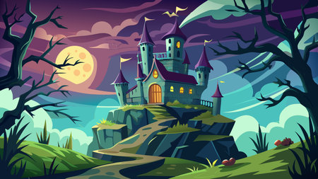 Photo of a spooky haunted castle on a hilltop. . AI generated. Vector iconのイラスト素材