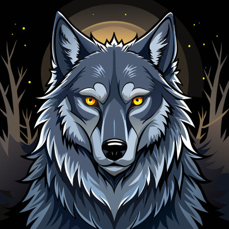 Scary dark gray wolf (Canis lupus), direct eye contact in the dark looking at the camera on a black background. AI generated. Vector iconのイラスト素材