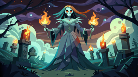 Scary ghost woman in the night with torches. Digital art. AI generated. Vector iconのイラスト素材